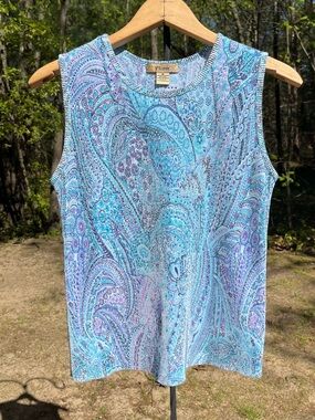 Y2K Plissé Paisley Pleated Tank Top Size M Stretchy Boho Pastel Spring Girly